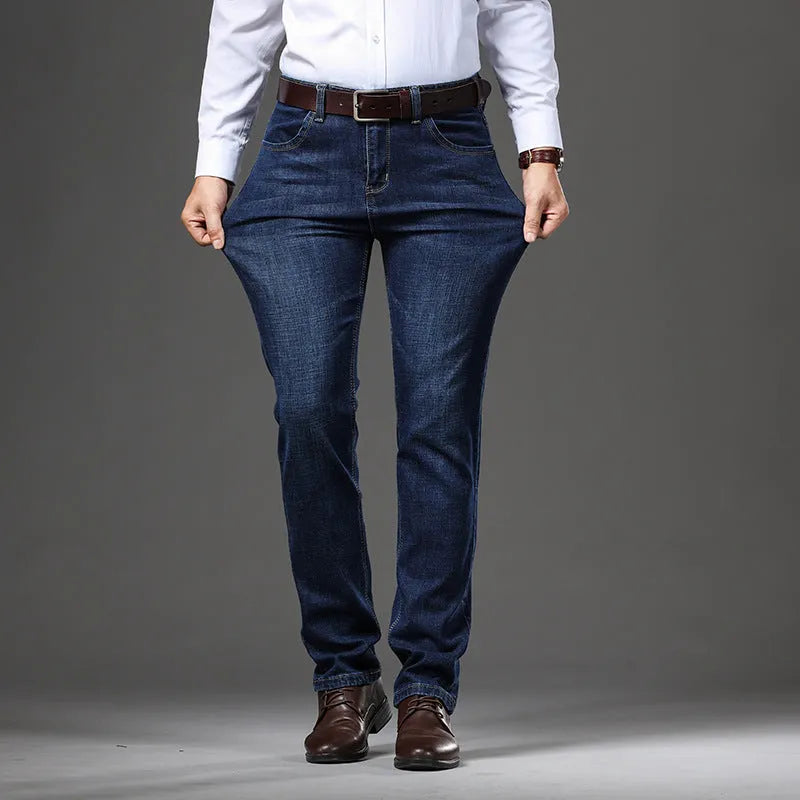 Women's straight-leg stretch jeans in black and blue colours showing business casual styling