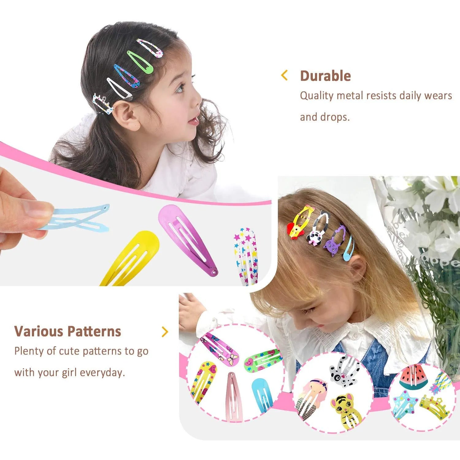100 piece metal snap hair clips set showing candy colours with animal, fruit, crown and star cartoon designs