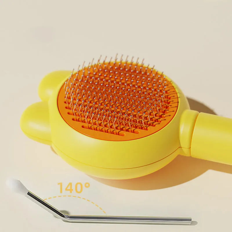 Green self-cleaning pet grooming brush with release button and stainless steel comb on a white background