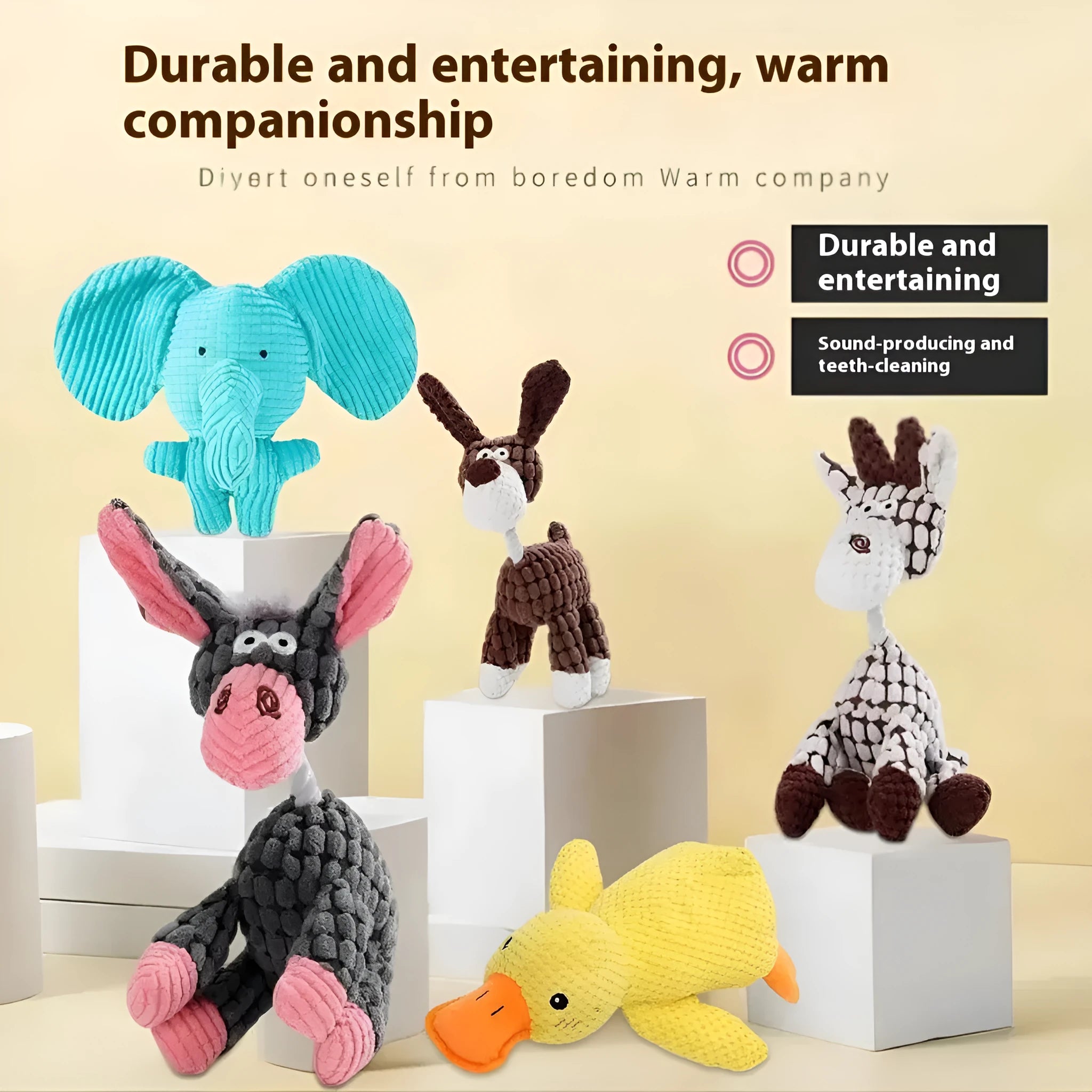 Assorted plush puppy toys including a blue elephant, coloured donkeys, and rechargeable duck styles.