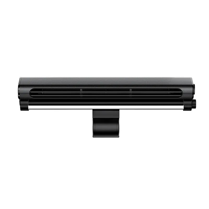 Black USB-powered bladeless clip fan with LED lighting attached to laptop screen