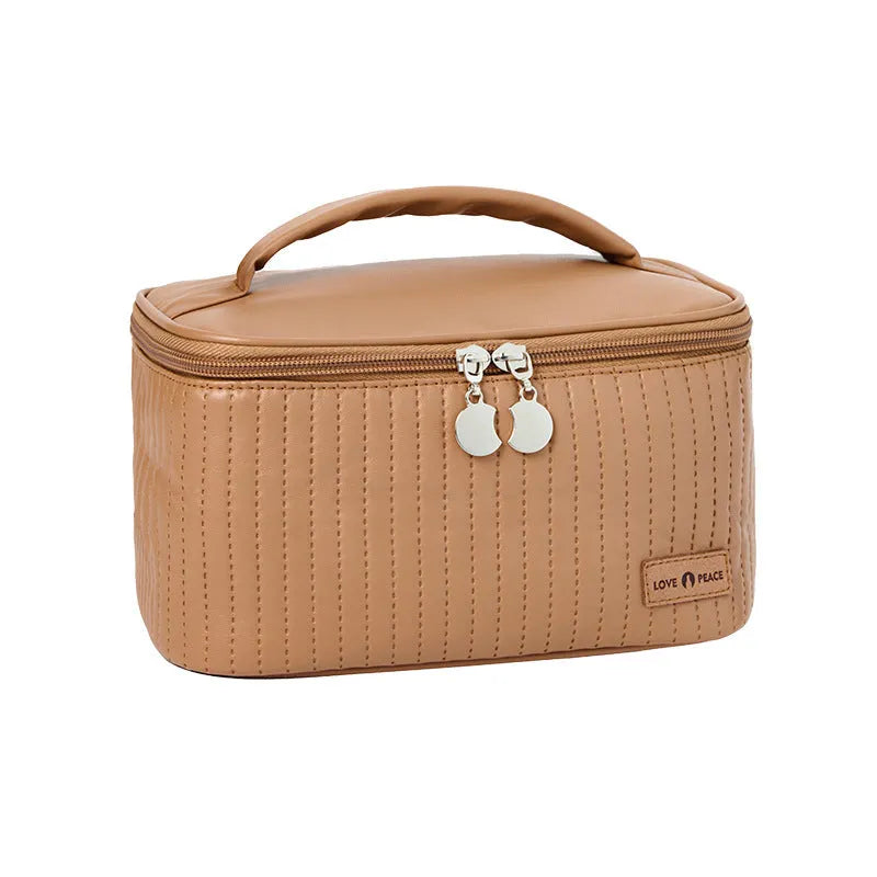 Open-top PU leather makeup bag in a choice of six solid colours: pink, coffee, beige, light blue, light green, light purple.