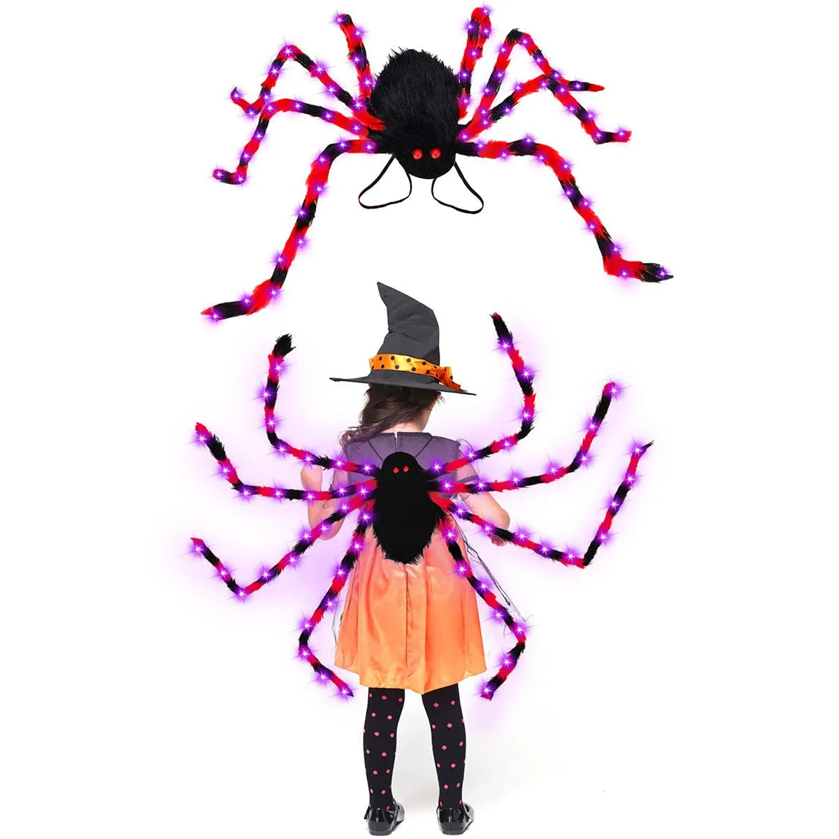 Halloween spider backpack with purple LED lights in orange colour with plush sugar bag compartment
