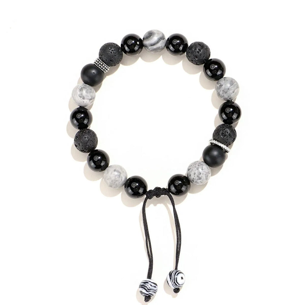 Black agate map stone bracelet with diamond-shaped volcanic rock beads