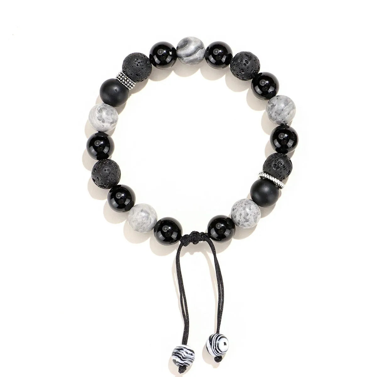 Black agate map stone bracelet with diamond-shaped volcanic rock beads