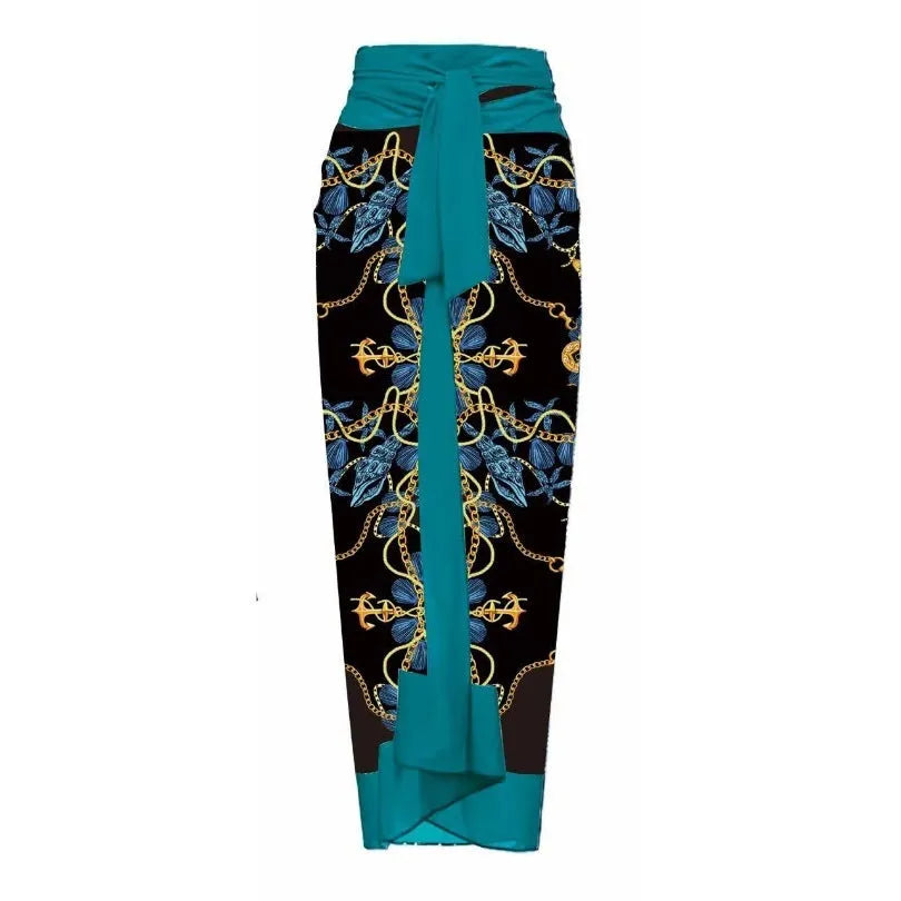 Women's floral one-piece swimsuit set with optional wrap skirt in polyester fabric