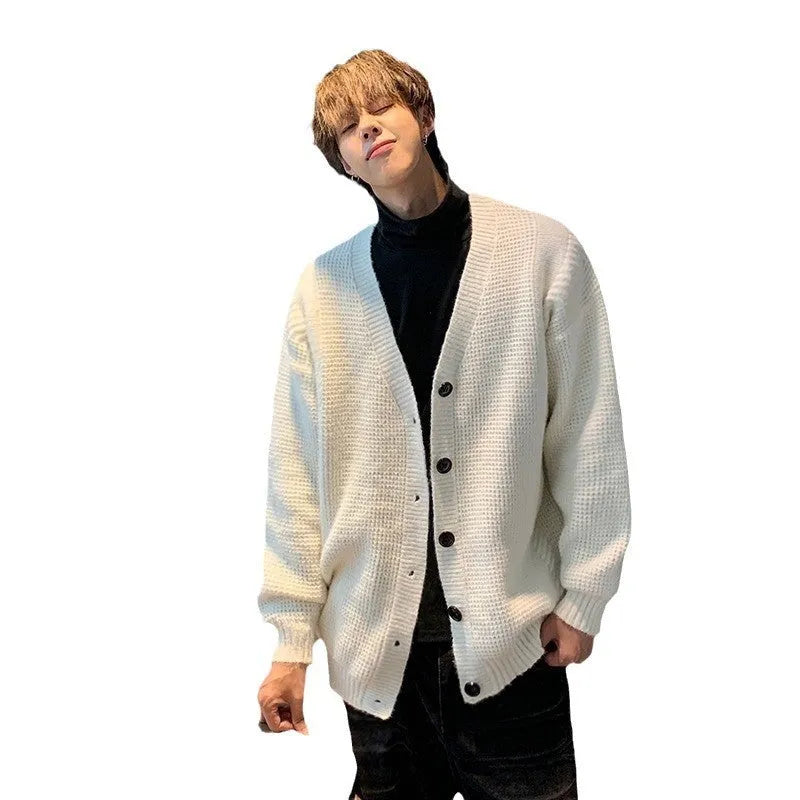 Men's loose-fit V-neck cotton blend cardigan sweater in army green, shown on a hanger.