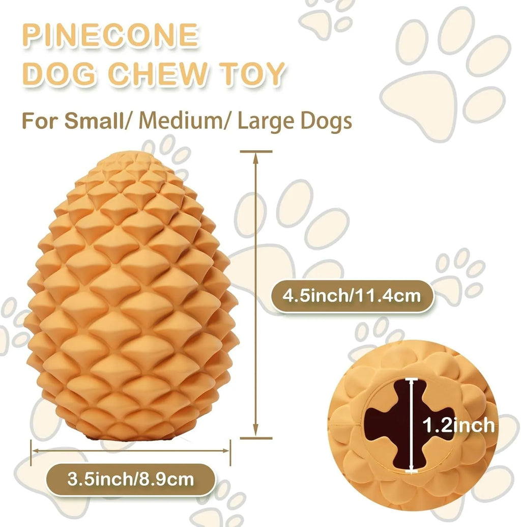 Yellow natural rubber pine cone-shaped dog chew toy with treat dispenser hole.