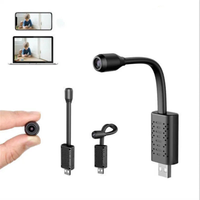 Black V380 wireless USB HD video camera showing compact design and microSD card slot.