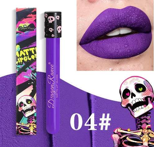 Halloween creative makeup lip gloss in skull-shaped test tube packaging, showing a matte gold and silver finish.
