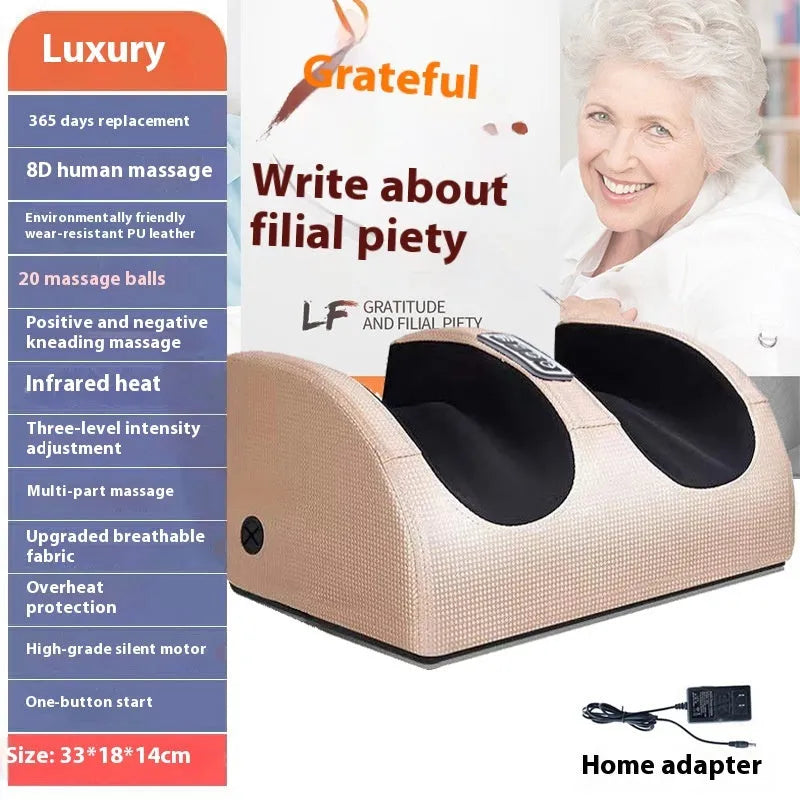 Automatic foot massage machine in gold colour with remote control on a wooden floor.