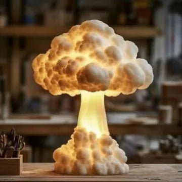 Modern art table lamp shaped like an atomic bomb mushroom cloud explosion on a table.