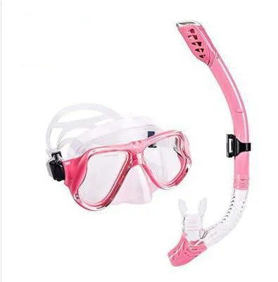 Black PC frame diving goggles with anti-fog glass lens, silicone strap, and mouthpiece.