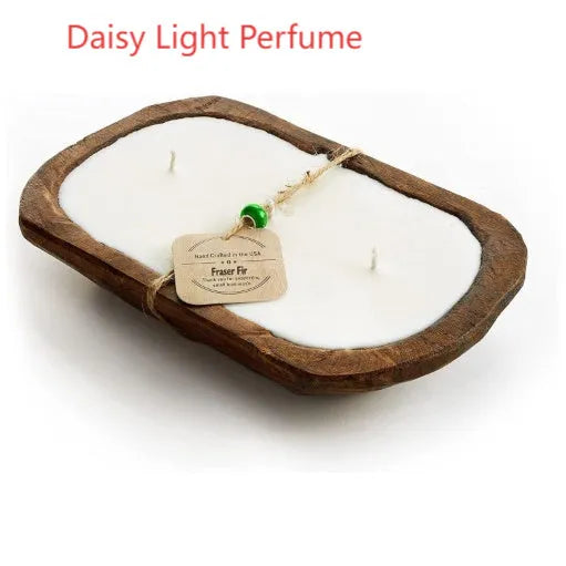 Retro wooden basin container with a triple-wick soy aromatherapy candle in lavender scent