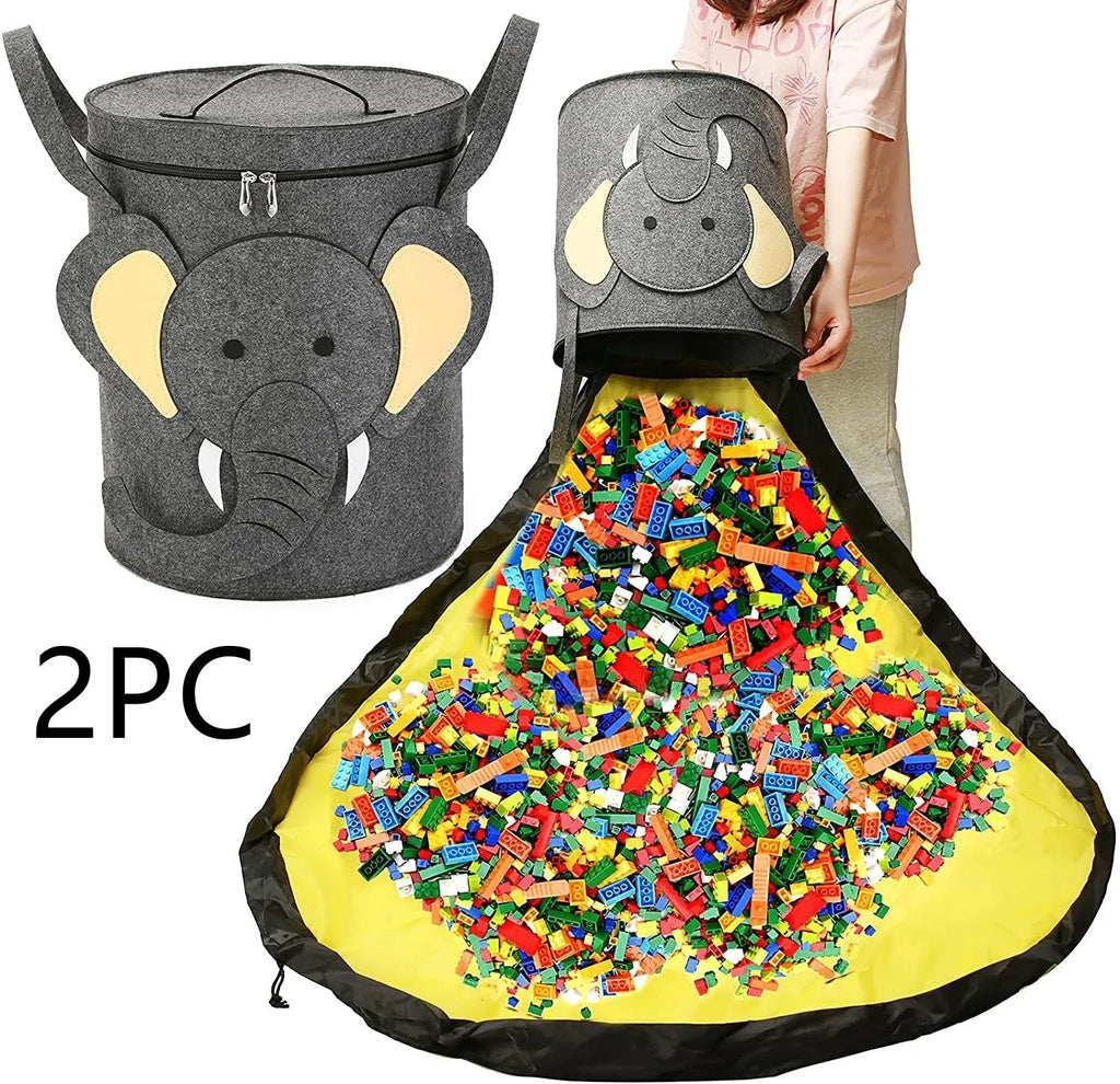 Green felt cube storage bag with pull rope serving as toy organiser and play mat