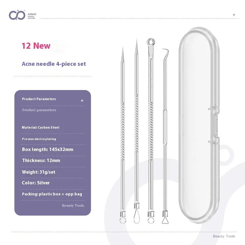 Four-piece metal acne needle set with ultra-fine pointed tips for blackhead removal