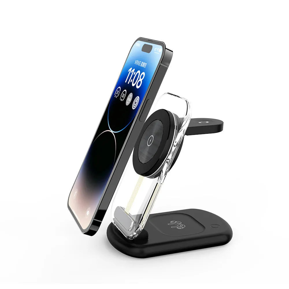 Transparent folding magnetic three-in-one wireless charger for iPhone, AirPods, and Apple Watch