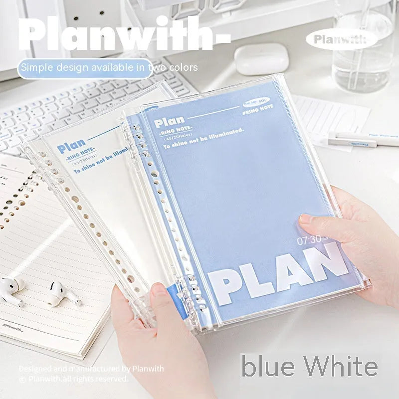 A5 PVC notebook organiser in blue colour showing transparent cover with loose papers inside