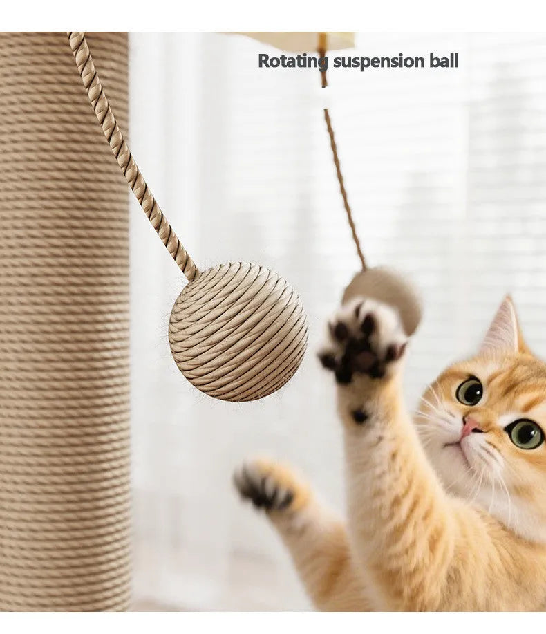 Windmill-style hanging ball cat climbing frame made of pine wood with carpet leather sections