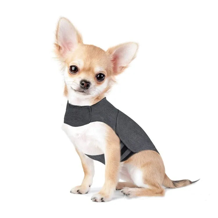 Heathered grey dog anxiety vest or thundershirt shown on a model, made from soft brocade cotton fabric.