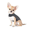 Heathered grey dog anxiety vest or thundershirt shown on a model, made from soft brocade cotton fabric.