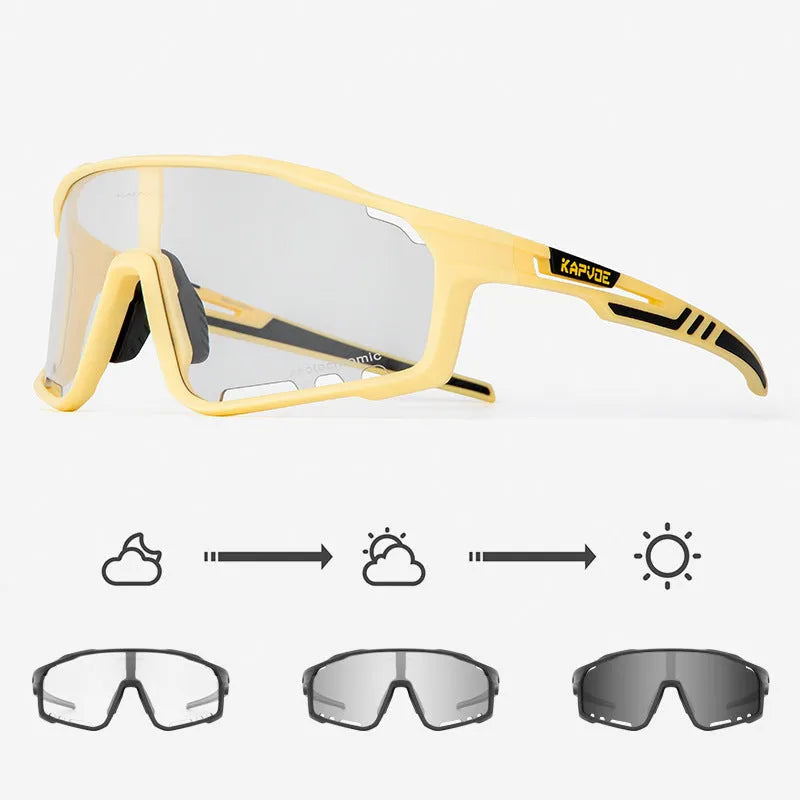 Photochromic cycling sunglasses with a semi-rimless TR90 frame on a solid colour background.