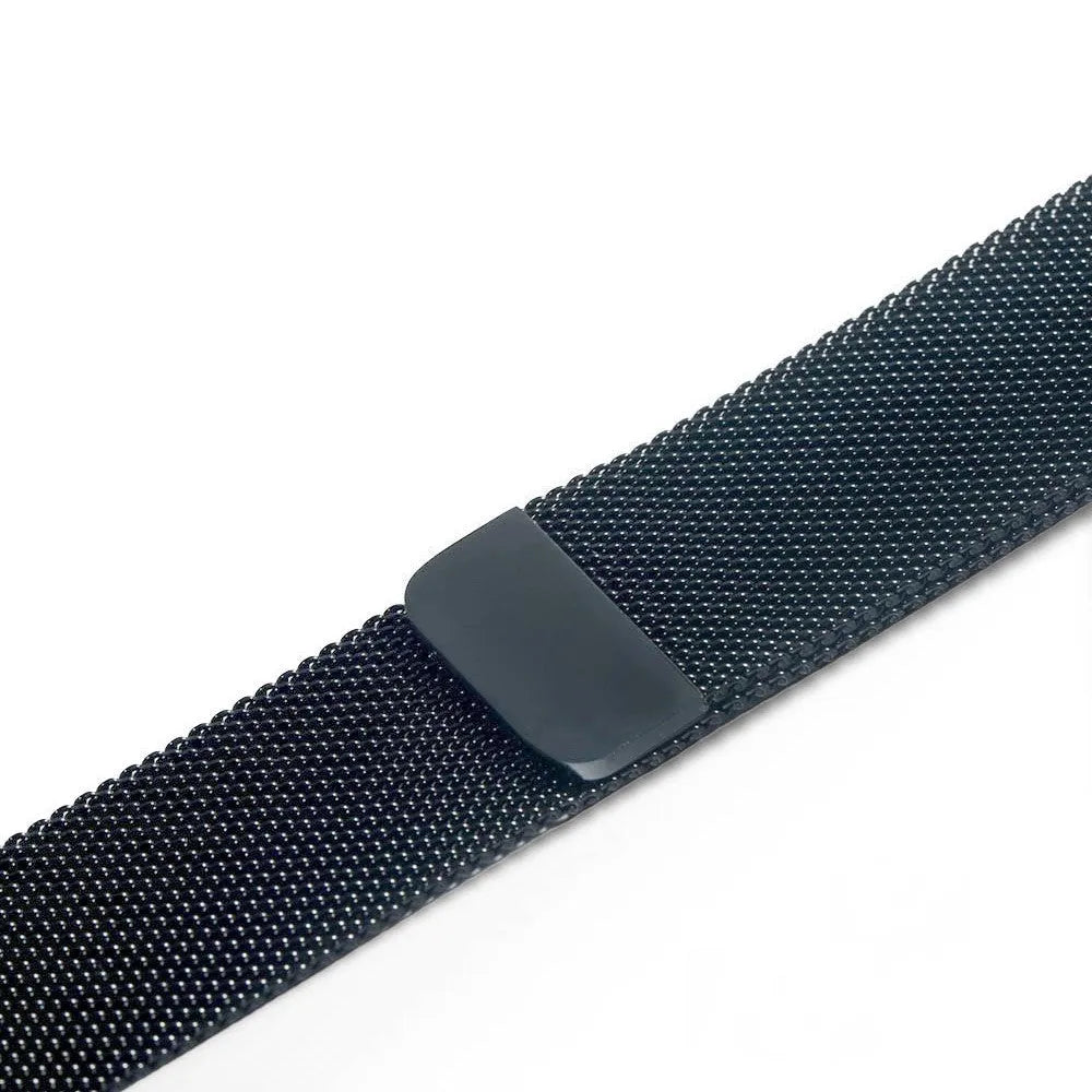 Stainless steel watch replacement strap in silver on a grey background showing adjustable links and buckle.