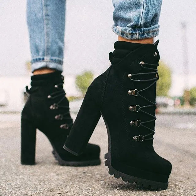 Women's suede high heel boots in army green with 8cm thick heels and round toe