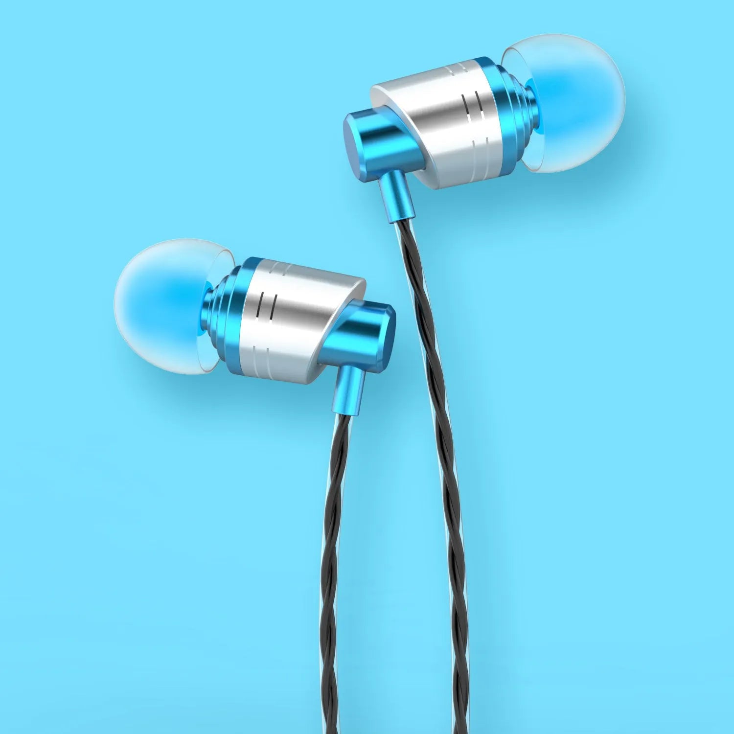 Black wired in-ear headphones with a 3.5mm plug, inline microphone, and silicone ear tips.