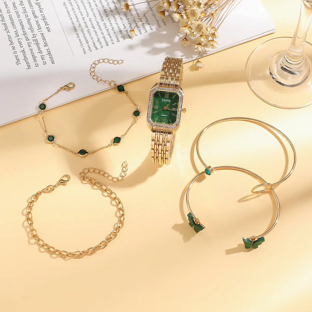 Gold green square ladies watch with four matching bracelets in five-piece jewellery set