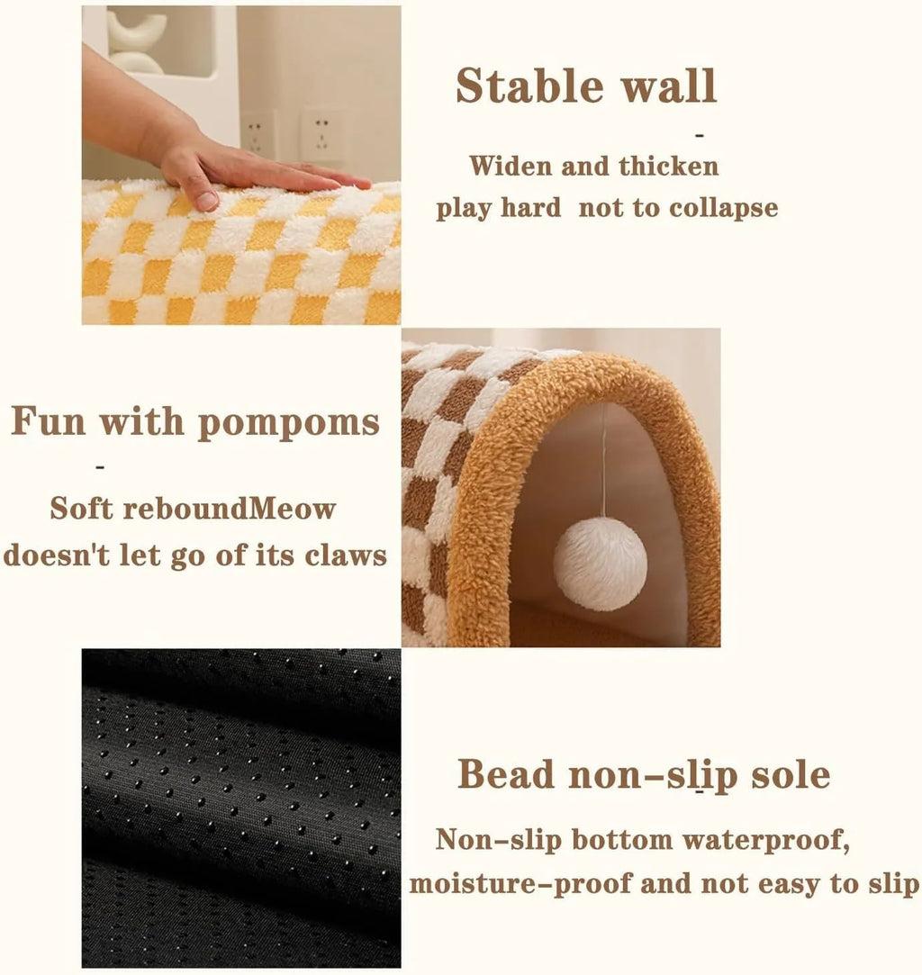 Brown plush plaid cat tunnel bed with central mat on a wooden floor.