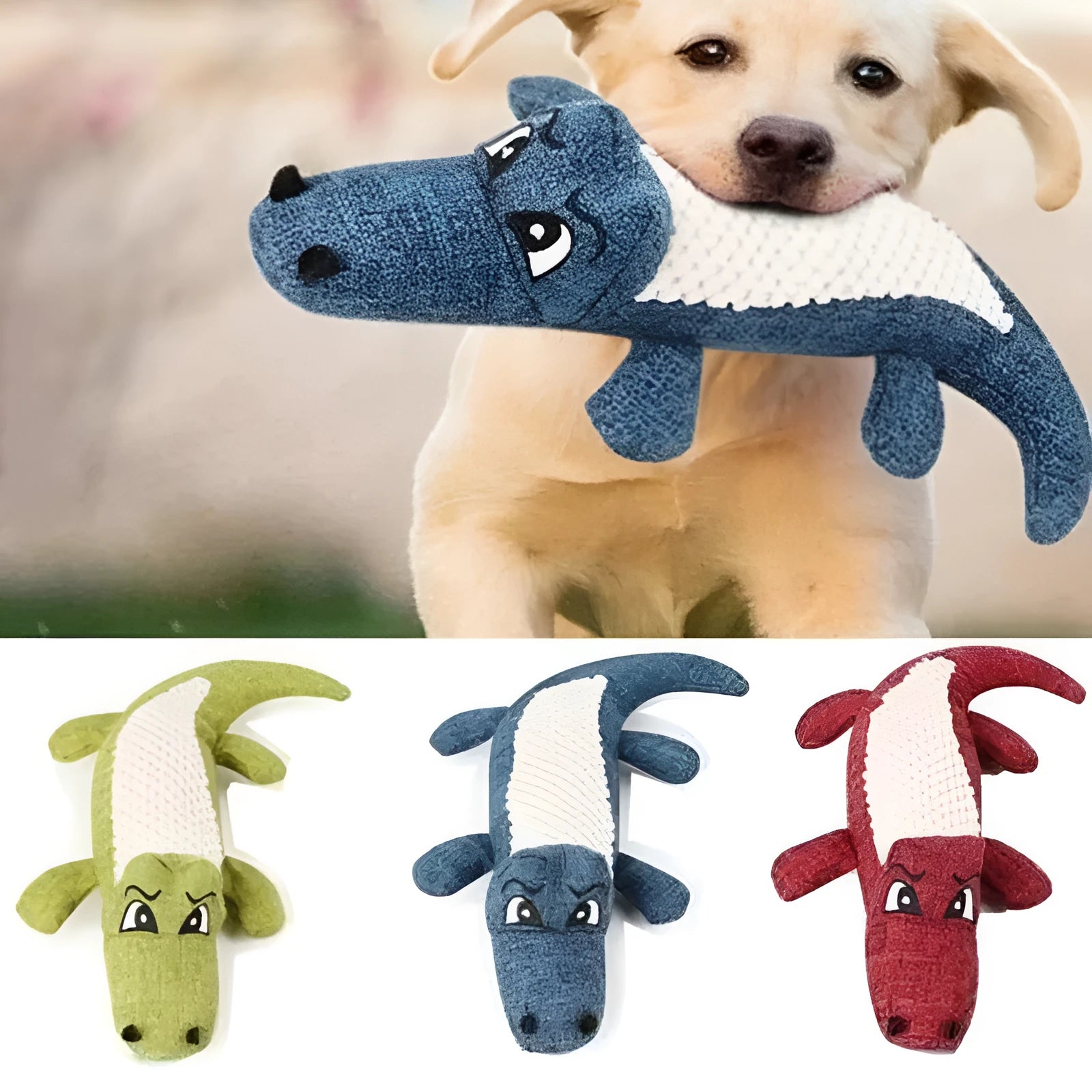 Blue, green and red squeaky plush chew toy for cats and dogs to bite and shake.