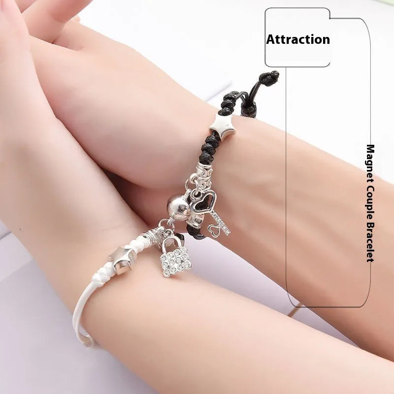 Alloy couple bracelets with magnet closure showing various design options including crown, clover, and text patterns