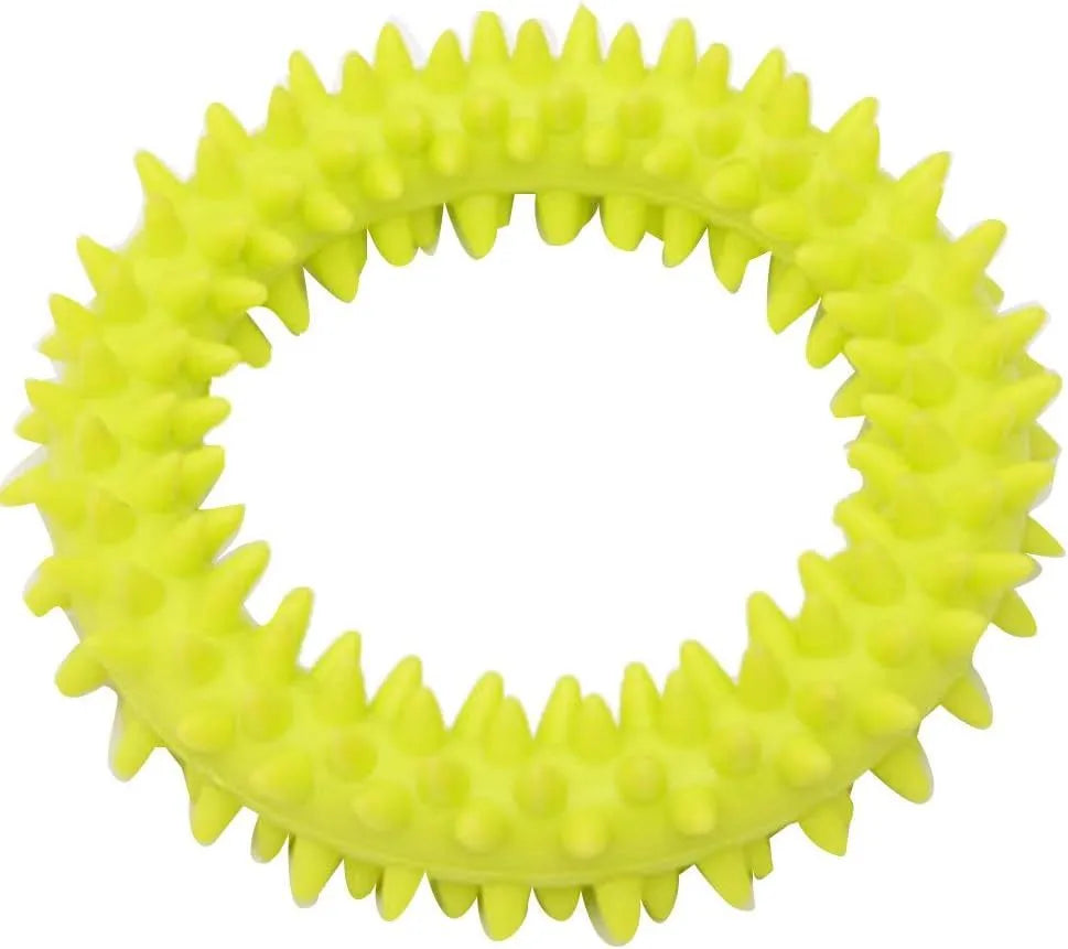 Blue TPR spiky ring dog chew toy with dental cleaning nubs on a white background