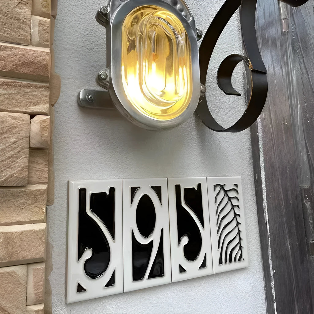 Handmade retro ceramic doorplate with enamel art number, measuring 76mm by 152mm.