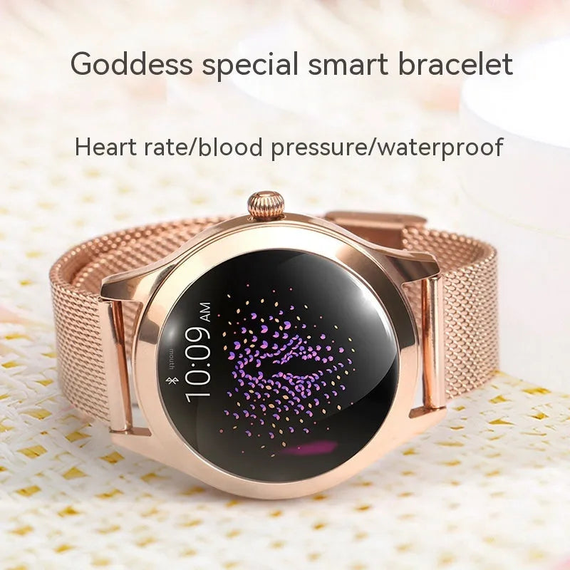 Women's smartwatch in black, rose gold, silver, or white with fitness tracking and phone notifications.