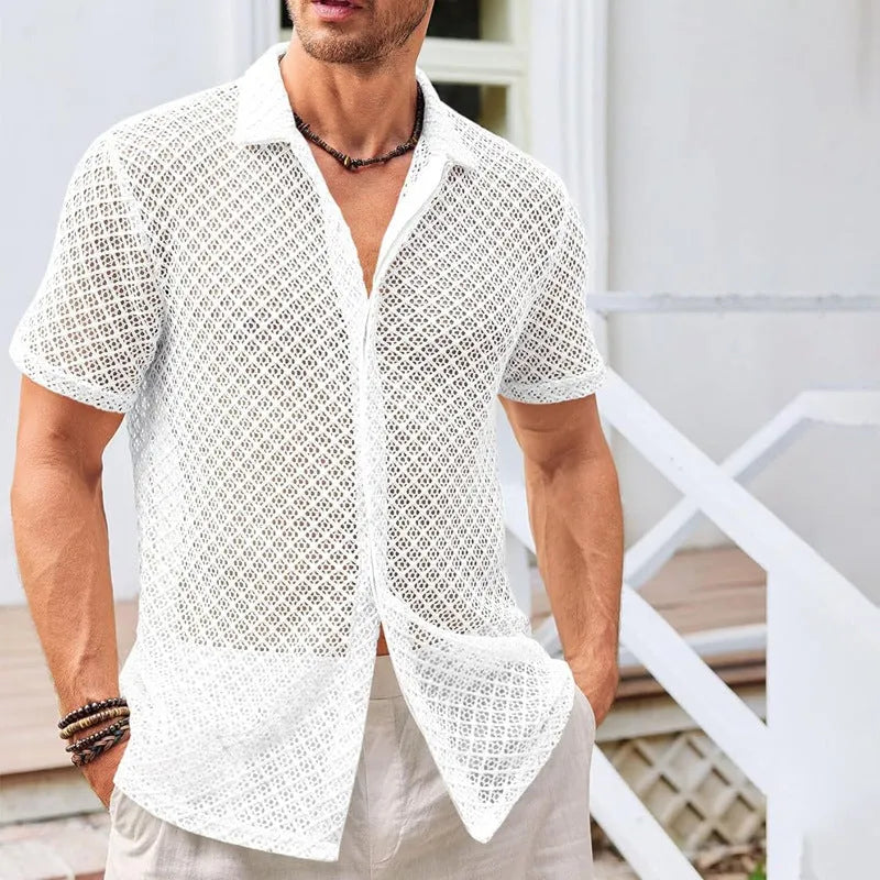 Men's summer mesh short sleeve lapel shirt in cotton blend fabric