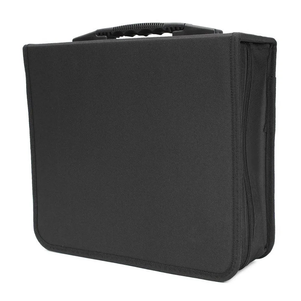 Black Oxford fabric CD and DVD storage binder with a zipper and top carry strap, open to show disc sleeves.