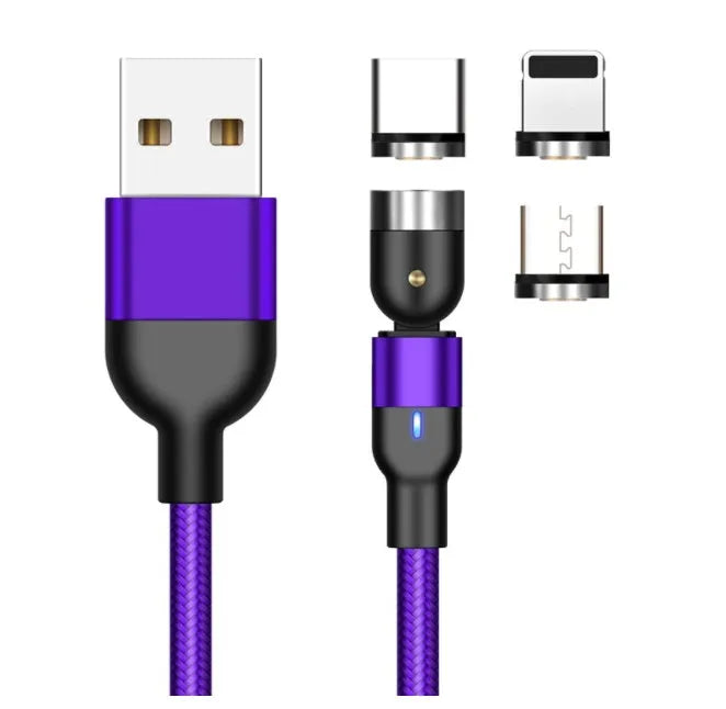 Essager rotating magnetic USB charging cable with LED light in black, shown with Android and Type-C magnetic tips.