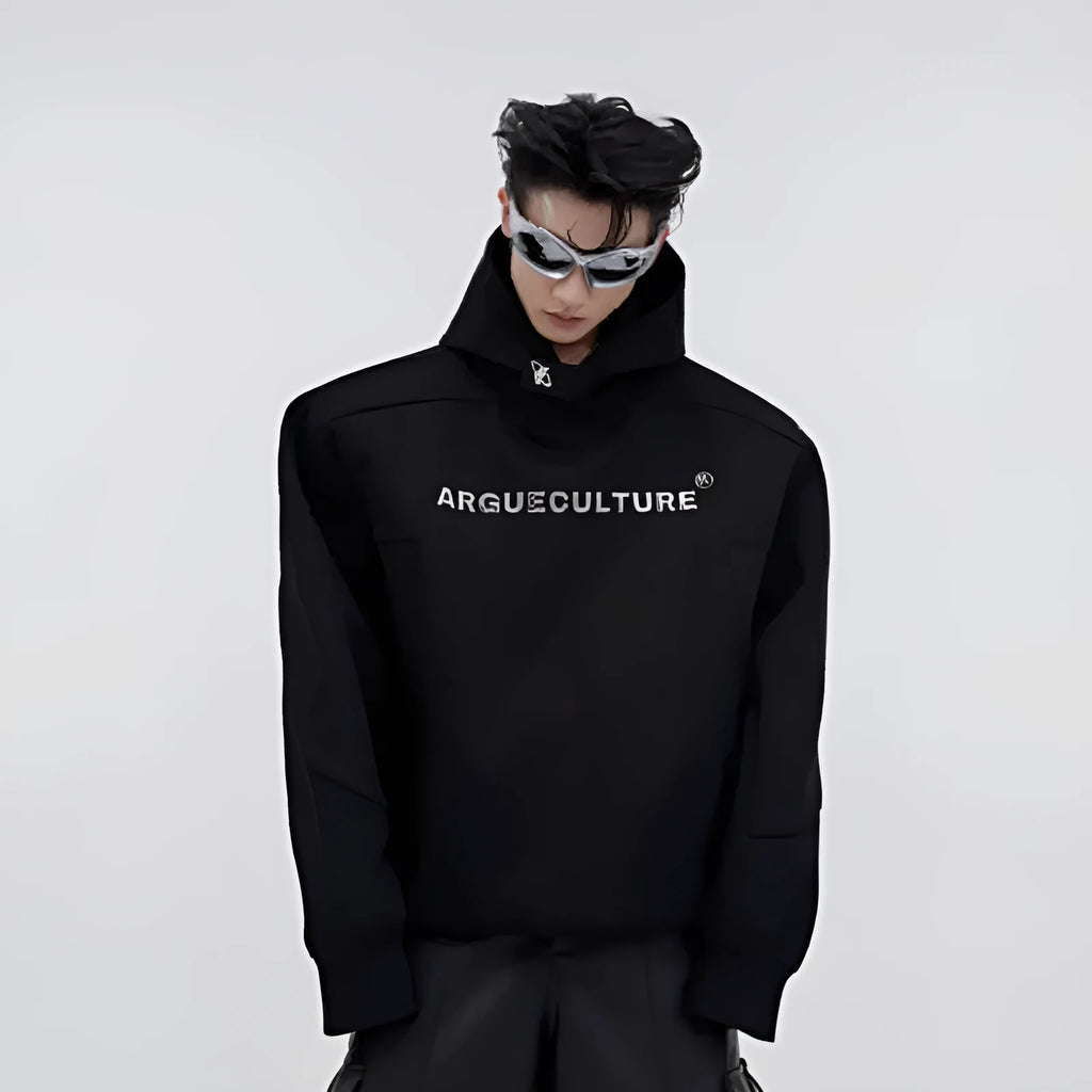 Men's loose-fit hooded sweater with heavy shoulder pads and metallic 3D printing design in red