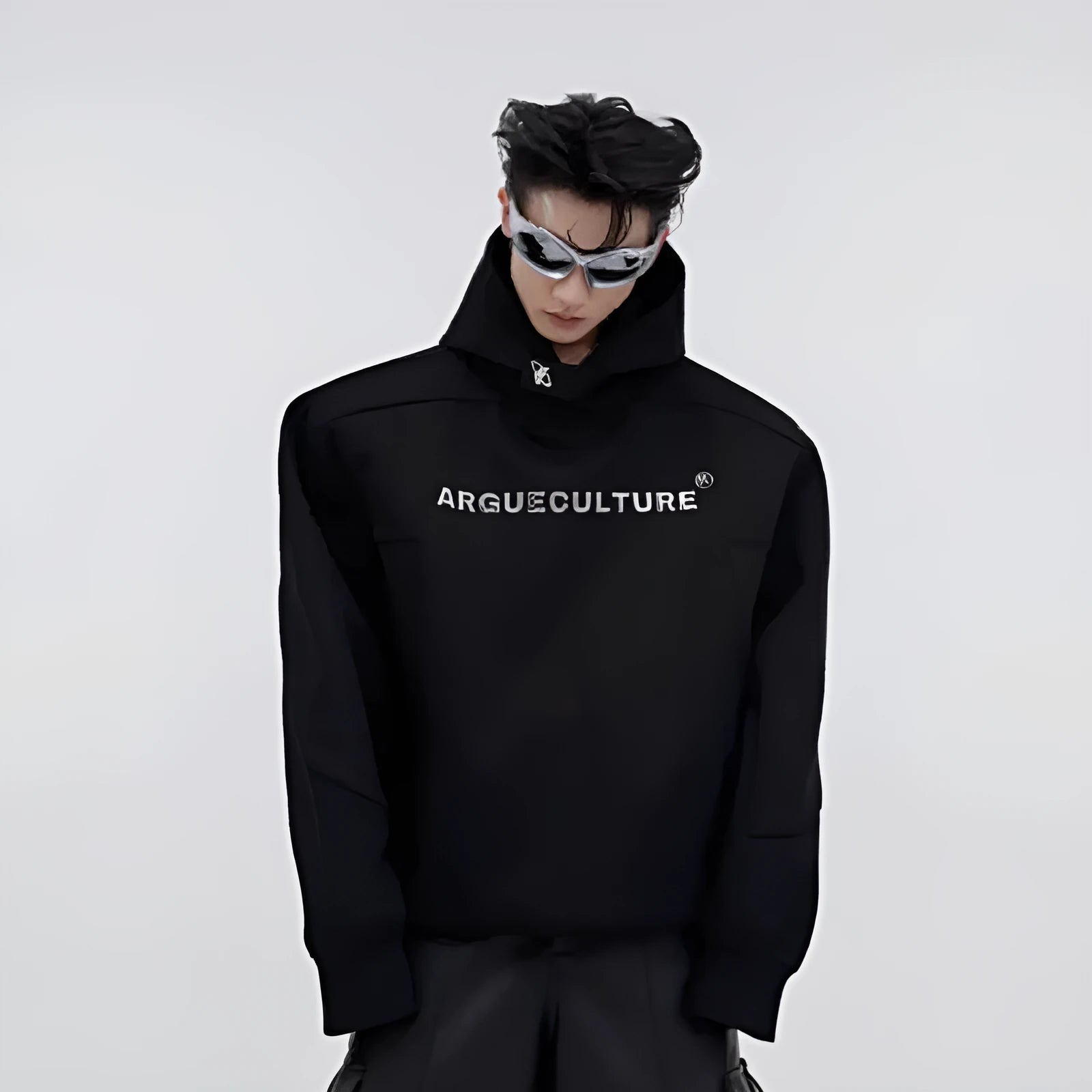Men's loose-fit hooded sweater with heavy shoulder pads and metallic 3D printing design in red