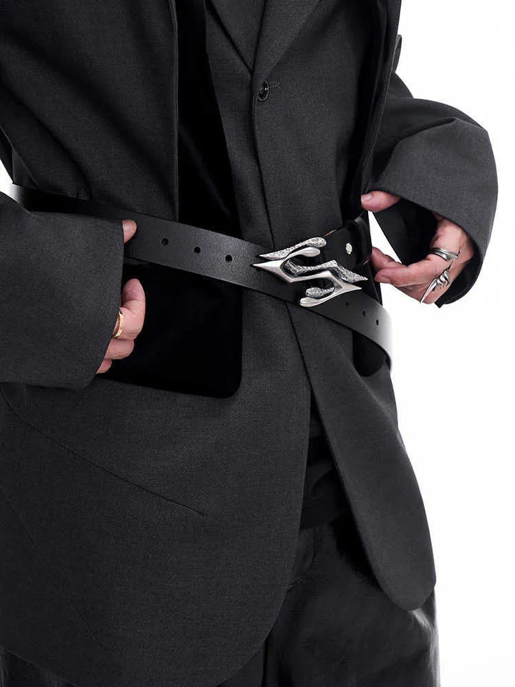 Black men's two-layer cowhide leather belt with metal letter buckle, 110cm length