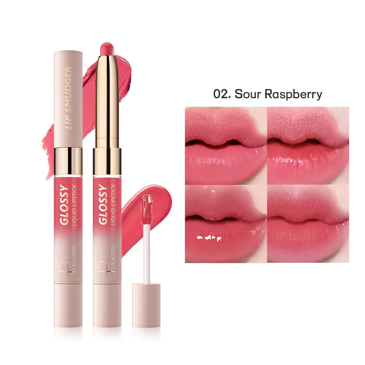 Double-headed lipstick lip gloss in matte finish showing ten different colour options from 01 to 10.
