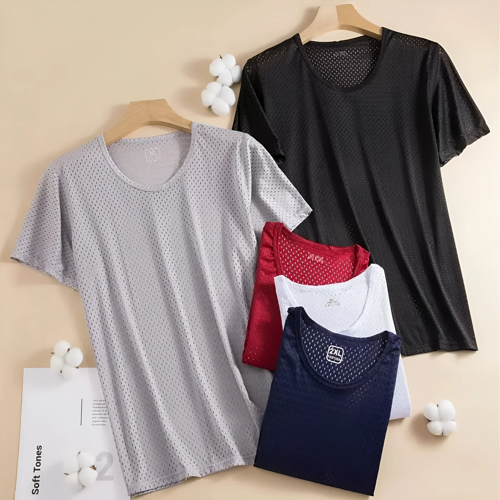 Men's ice silk short sleeve t-shirt in loose fit regular cut, shown in available colours black, white, navy blue, gray and wine red