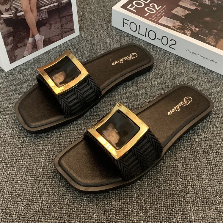 Women's summer flat slippers in apricot colour with waterproof PVC sole