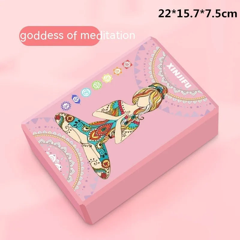 High-density EVA yoga block in violet colour next to a pink block with a cartoon print design.