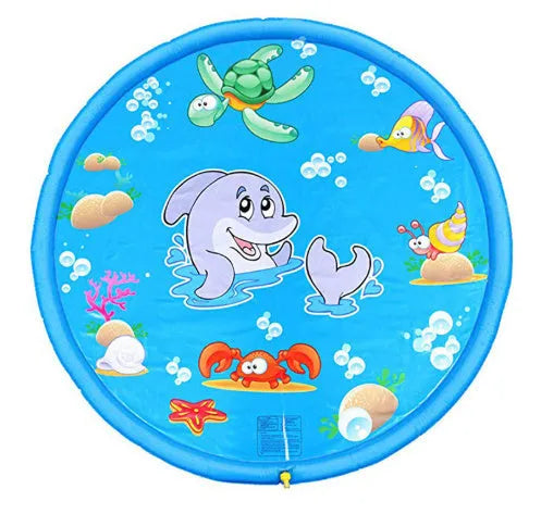 Blue PVC children's water spray mat with marine animal designs measuring 100cm by 170cm