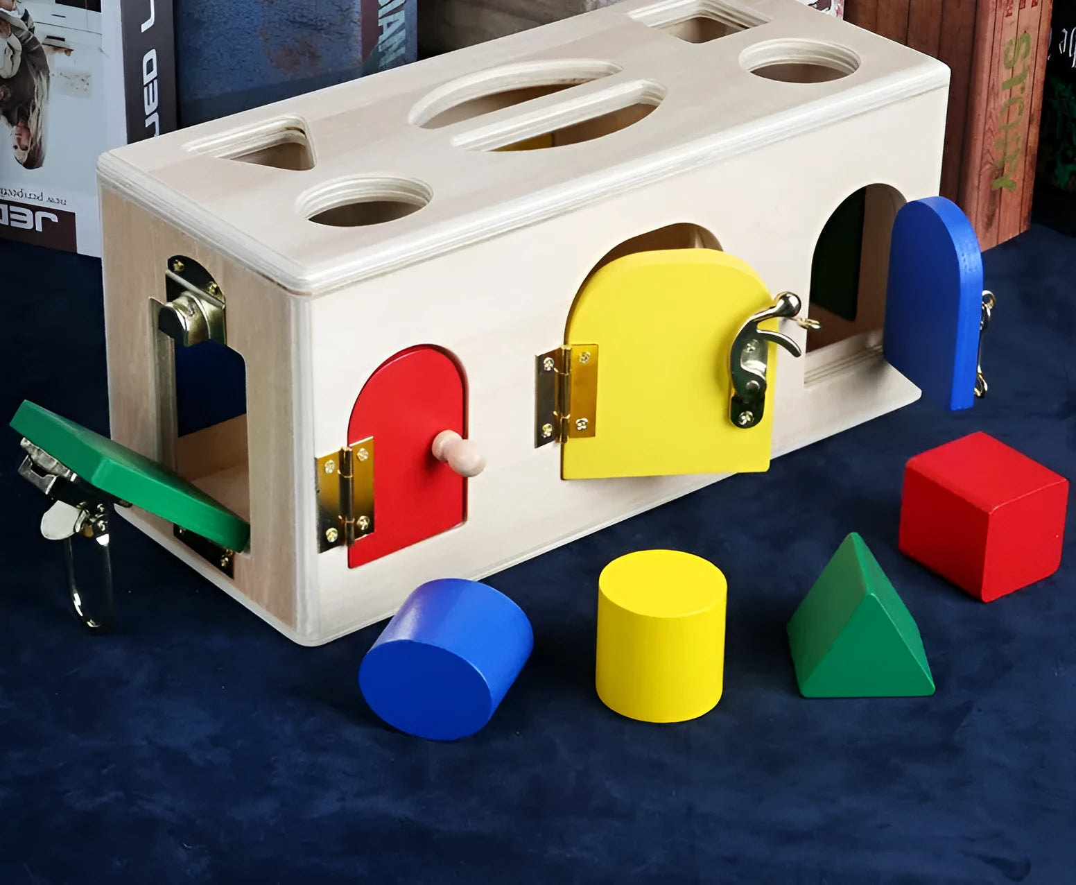 Wooden shape sorting lock box educational toy for preschool children with colourful shapes