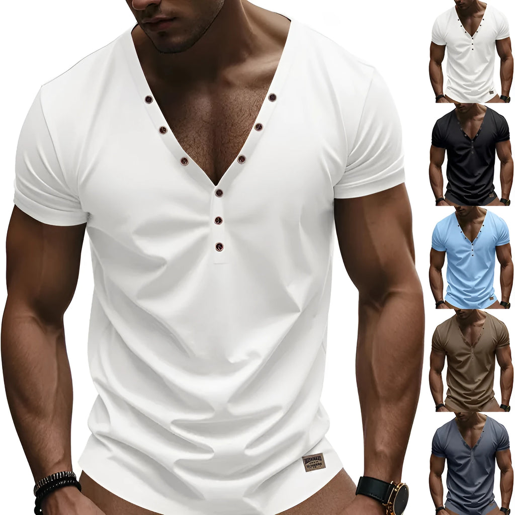 Men's loose fit solid colour V-neck pullover top with button detailing on the front.