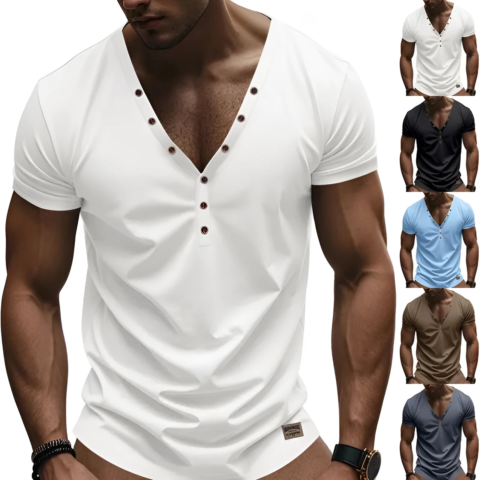 Men's loose fit solid colour V-neck pullover top with button detailing on the front.